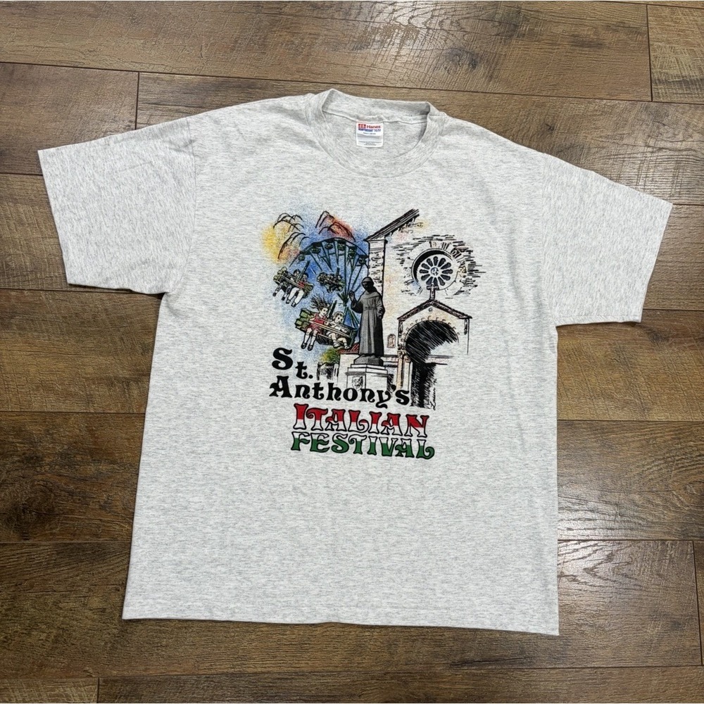 Vintage 90s St. Anthony's Italian Festival Tee Grey Large Single Stitch USA Made